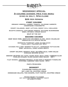 Barneys Wednesday Prix Fixe Menu