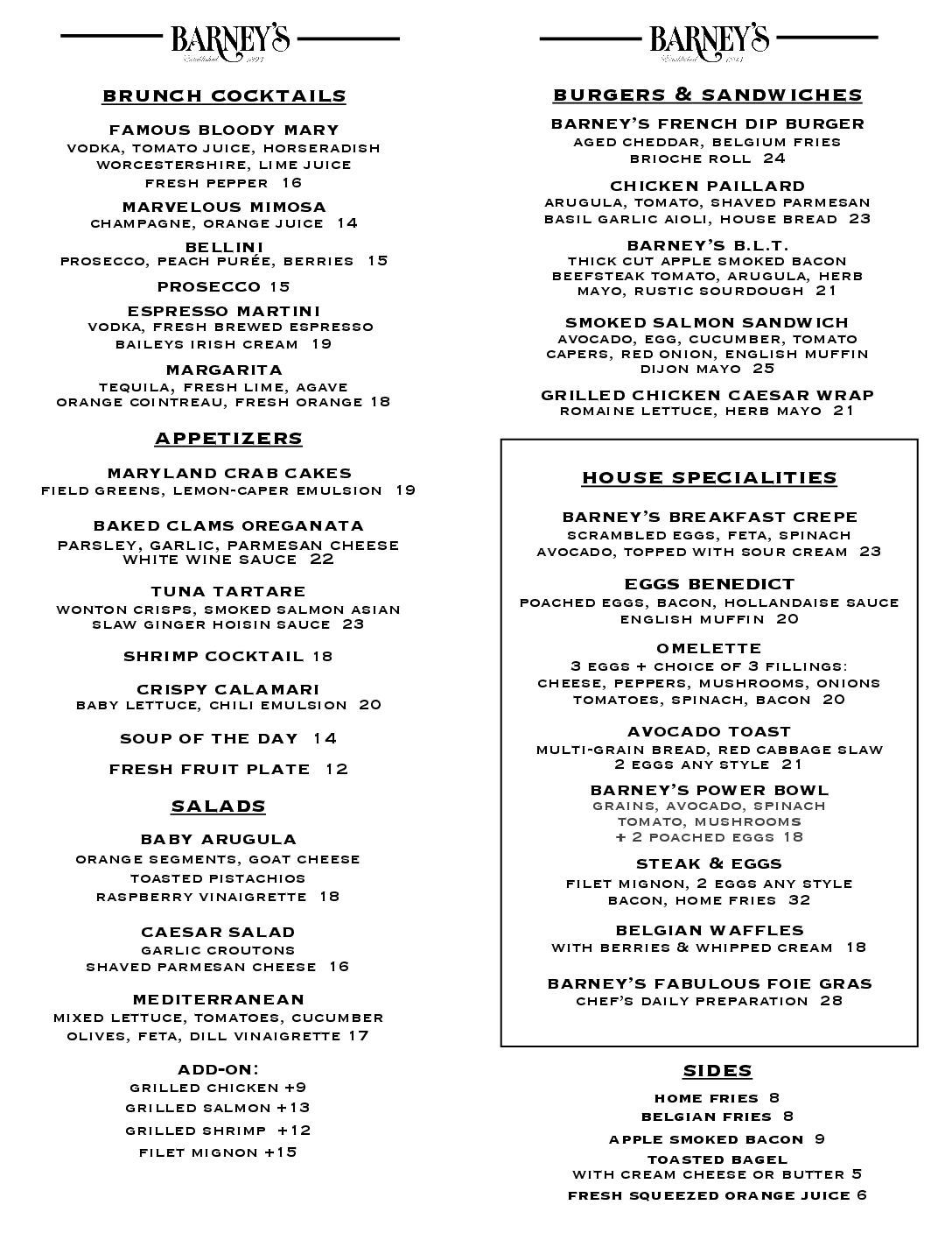 Brunch Menu barney's brunch 2025