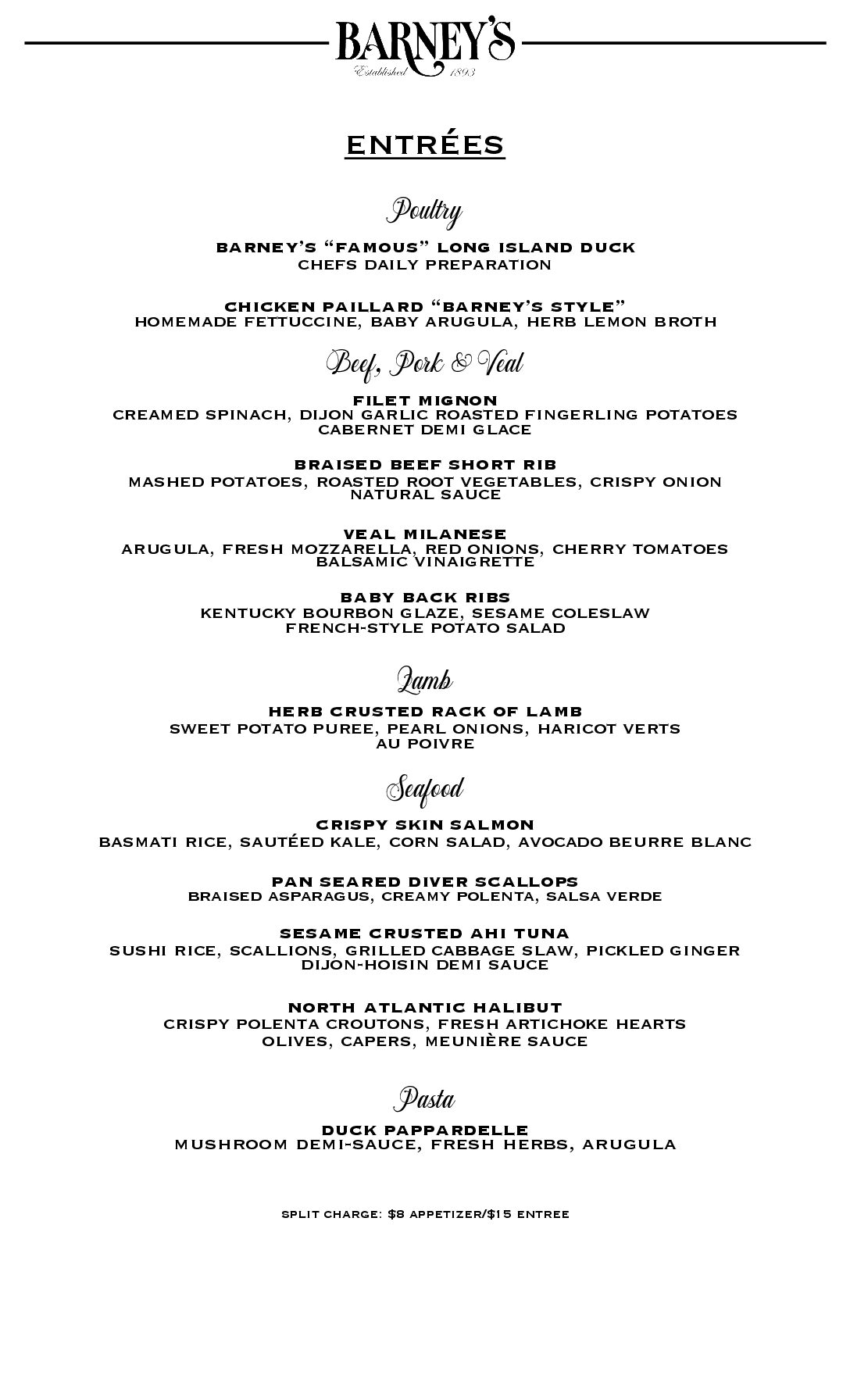 ENTREES Barney's Menu Enrees